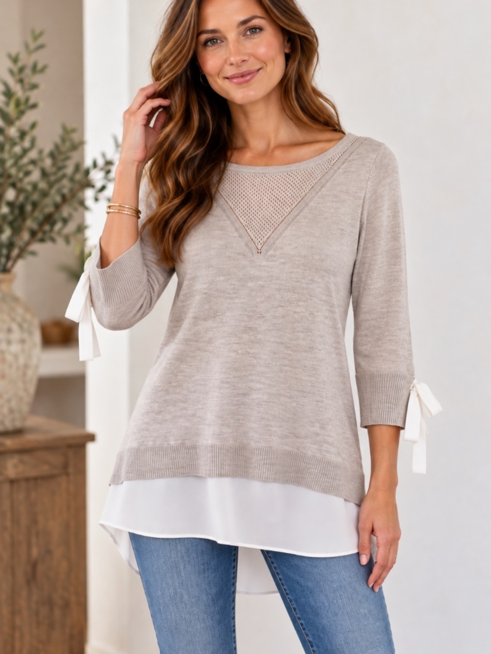 Wool blend RW&CO sweater S pointelle knit over shirt bow office work luxury